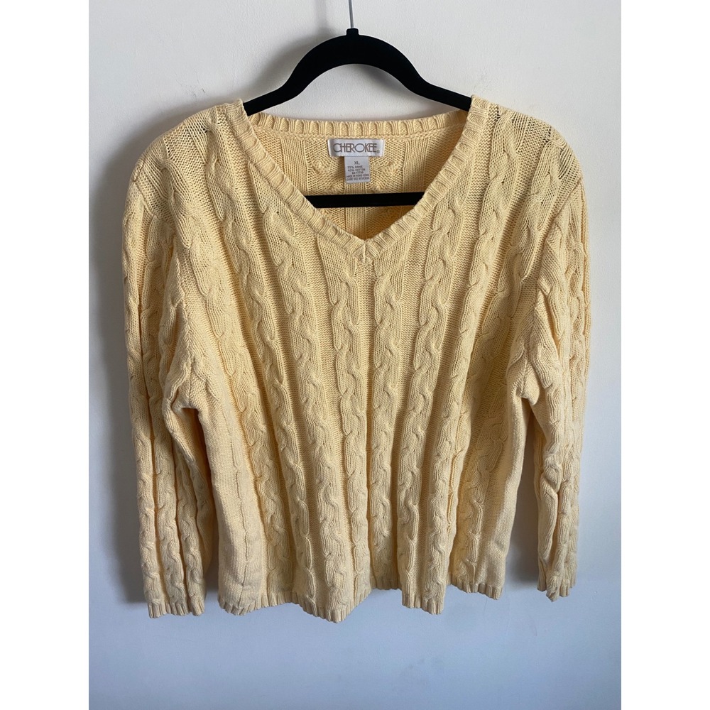 Cherokee Womens XL Yellow Cable Knit V-Neck Sweater Ramie Cotton Blend